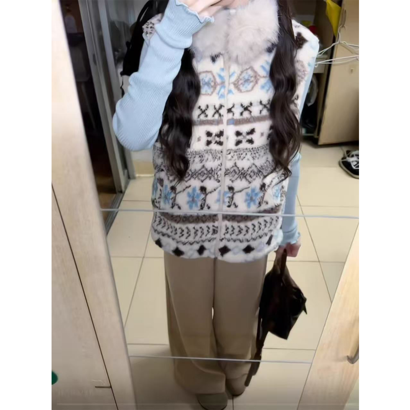 秋冬费尔岛复古提花保暖马甲套装