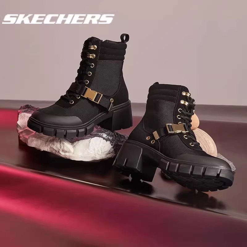 Skechers斯凯奇高帮靴女鞋长筒黑色马丁靴潮流中筒靴休闲靴167052