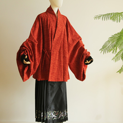 春下汉服秋冬明制琵琶袖对交穿双层交领中长款仿文物棉麻提花