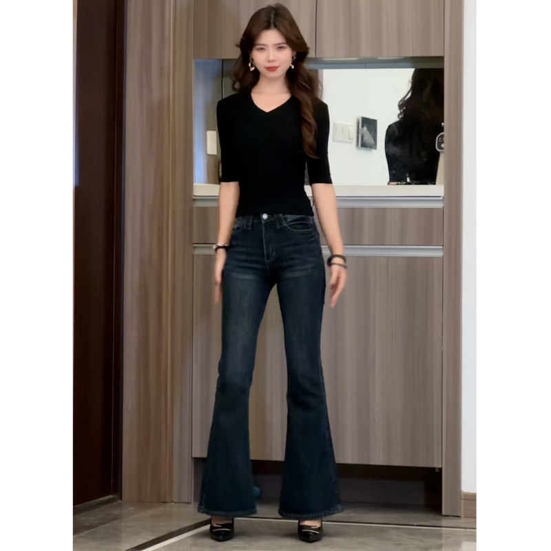 2026年高腰修身微喇牛仔裤女深蓝色显瘦百搭喇叭裤休闲长裤,女装/女士精品,牛仔裤,淘宝优惠券,粉丝福利购,淘宝优惠卷