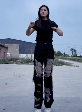 复古风摇滚风破洞牛仔裤女夏季高腰显瘦直筒阔腿长裤黑色