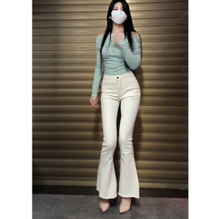 洋气辣妹白色高腰微喇牛仔裤女修身显瘦百搭小个子丰胯喇叭裤