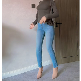 日常百搭高腰牛仔裤修身显瘦铅笔裤常规浅蓝舒适女款长裤