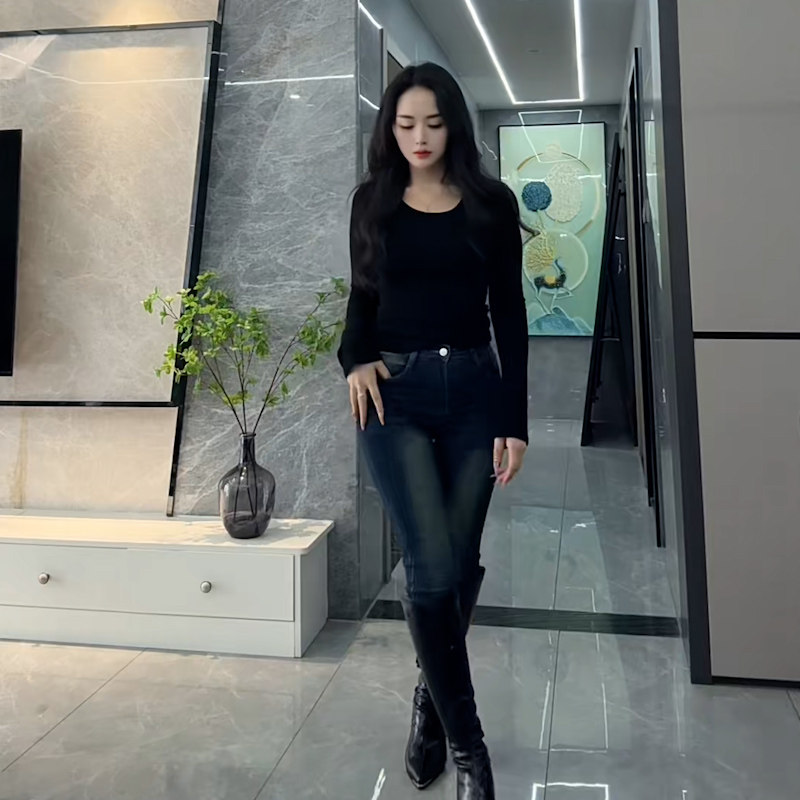 复古高腰提臀牛仔裤女深蓝色紧身弹力修身铅笔裤显身材辣妹长裤