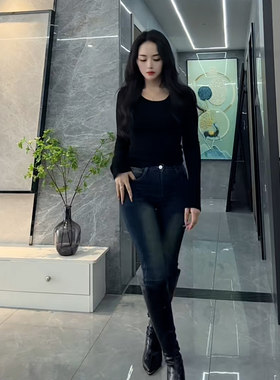 复古高腰提臀牛仔裤女深蓝色紧身弹力修身铅笔裤显身材辣妹长裤