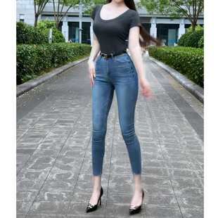 高腰牛仔裤铅笔裤常规款修身显瘦显高百搭日常女士九分牛仔小脚裤
