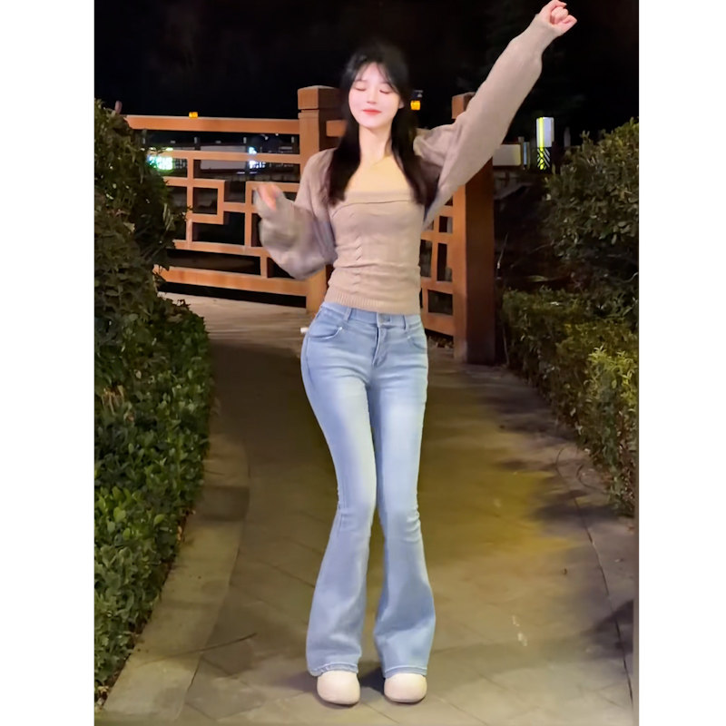 甜心浅蓝色休闲微喇牛仔裤女高腰修身显瘦日常复古喇叭长裤,女装/女士精品,牛仔裤,淘宝优惠券,粉丝福利购,淘宝优惠卷