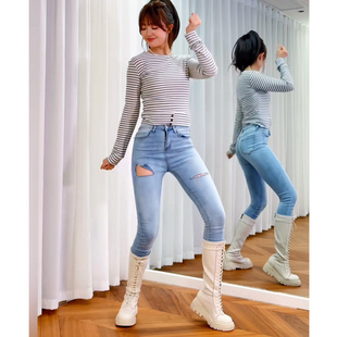 显瘦提臀休闲蓝色铅笔裤 小脚裤 女紧身九分裤 高腰破洞阔腿牛仔裤