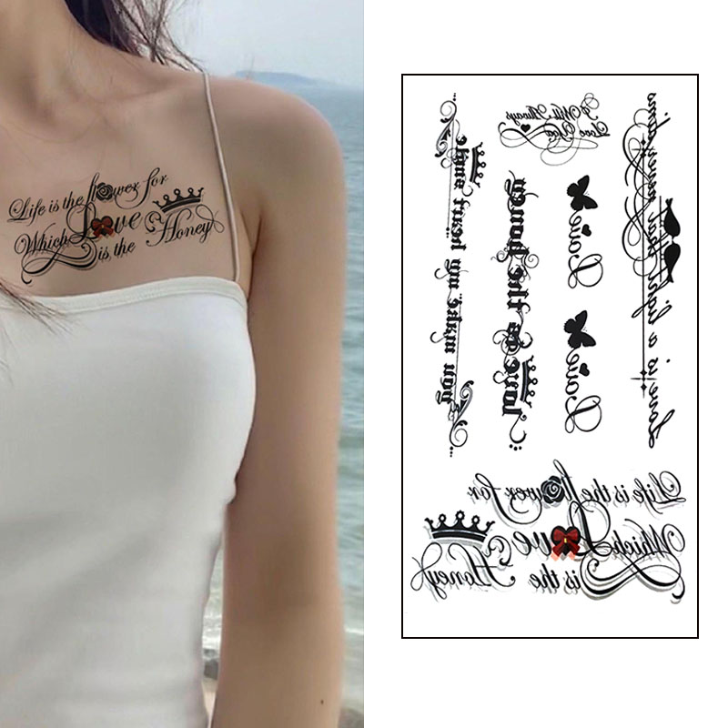 3张 小清新纹身贴防水女持久黑白英文字母蝴蝶个性胸口立即显色
