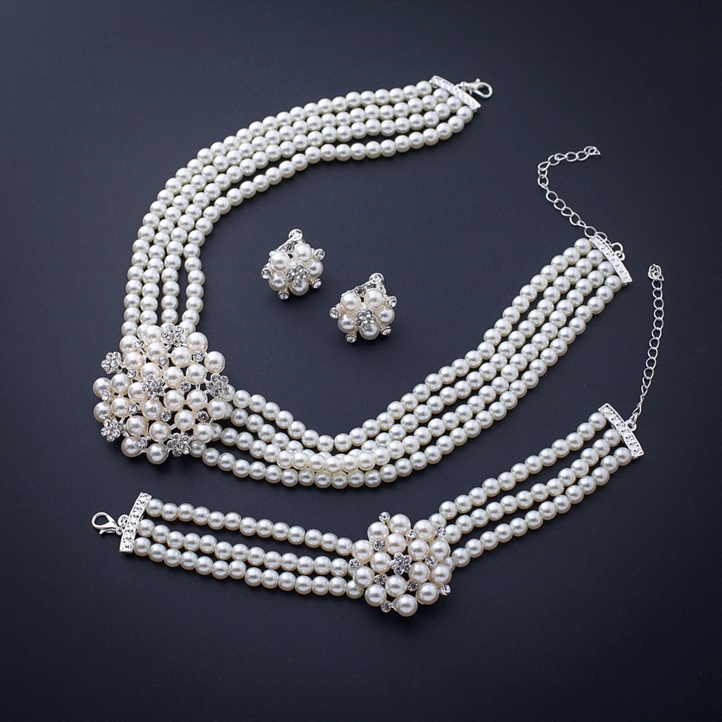 韩式新娘珍珠项链耳钉手链套装结婚套链婚纱礼服颈链耳饰舞台饰品