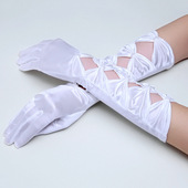 白色镂空蝴蝶结长款 套新娘婚纱礼服弹力缎色丁婚礼手套 包手指袖
