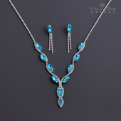 精美湖蓝色水晶钻银色项链爪钻流苏耳环针款 二件套婚礼新娘配饰