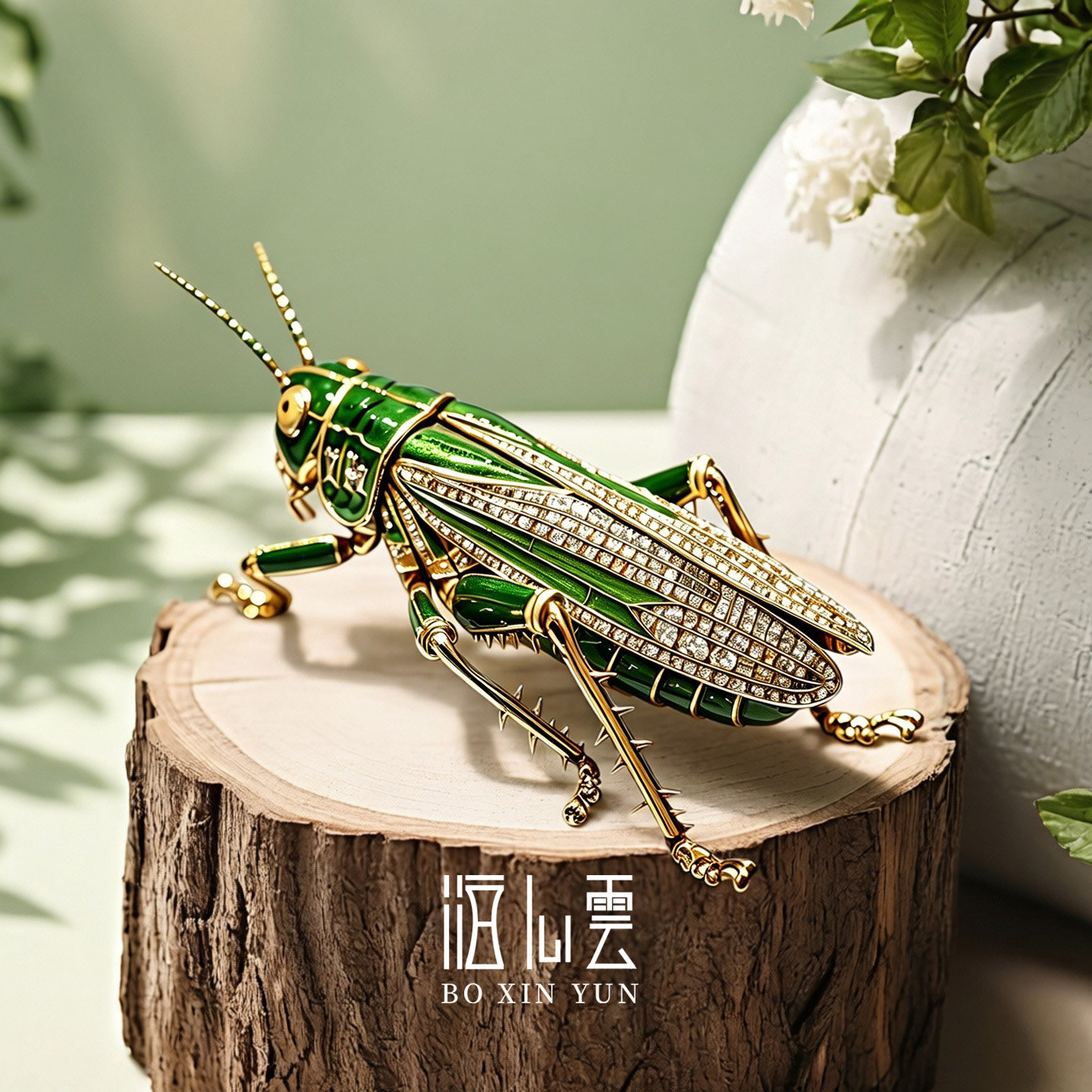 绿色珐琅蚱蜢胸针锆石昆虫别针