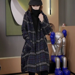 毛呢格子中长款加厚夹棉外套女秋冬2023新款小个子宽松保暖大衣女