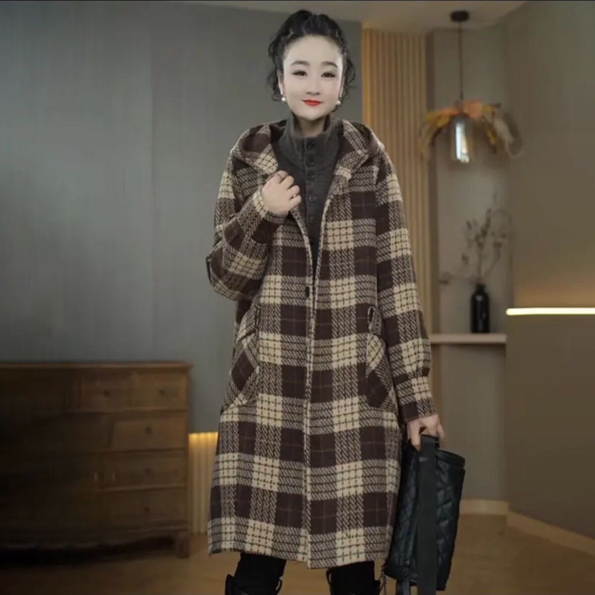 呢子大衣连帽格子加厚