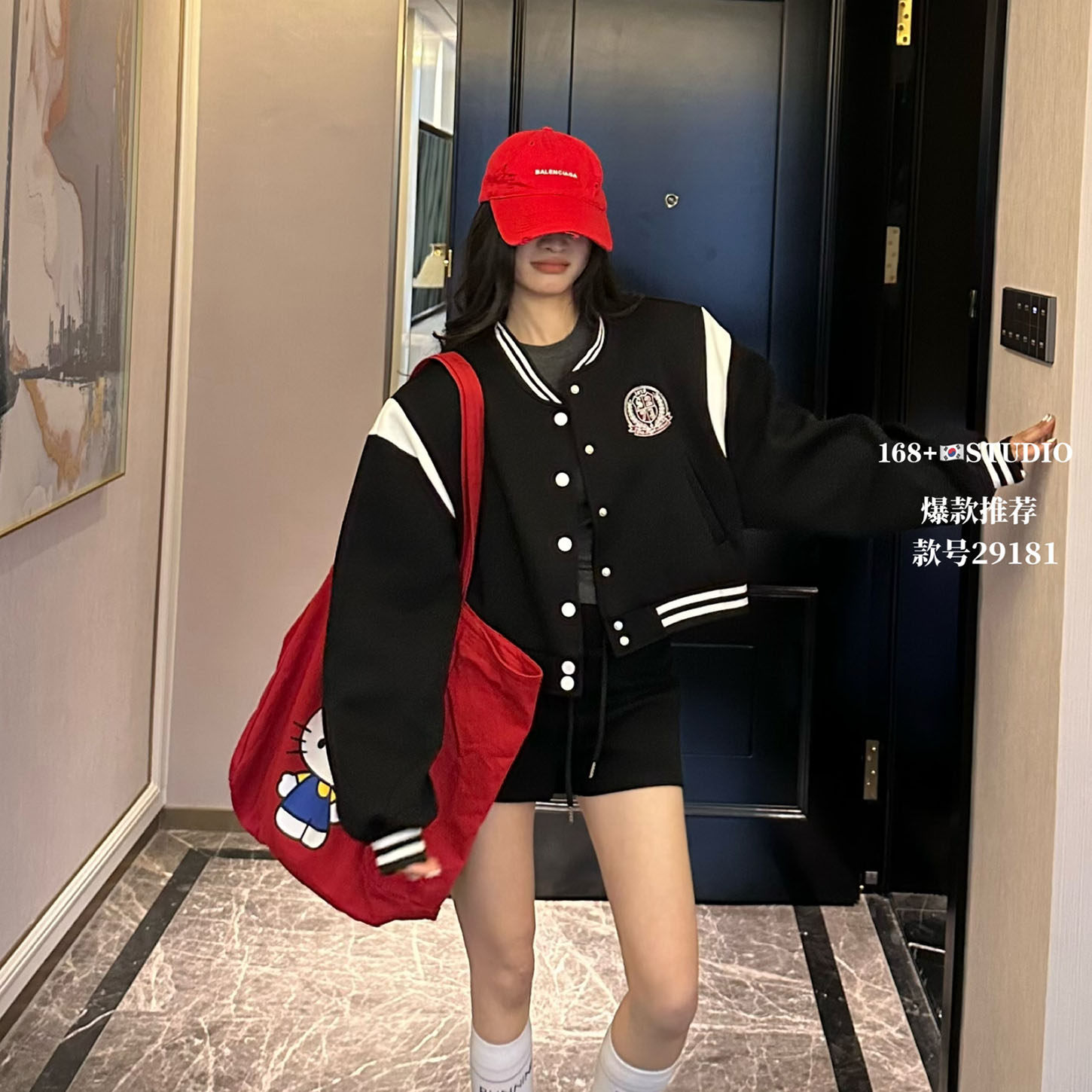 美式复古学院风黑色立领徽章刺绣棒球服女宽松百搭外套中长款上衣