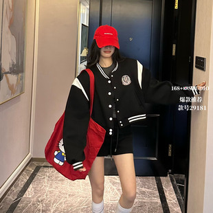 美式复古学院风黑色立领徽章刺绣棒球服女宽松百搭外套中长款上衣