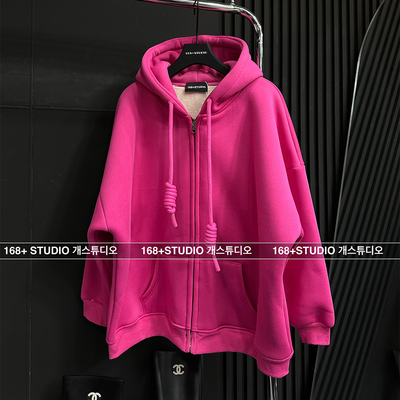 羊羔毛连帽开衫加绒卫衣外套女2025新款爆款长款火龙果色上衣洋气