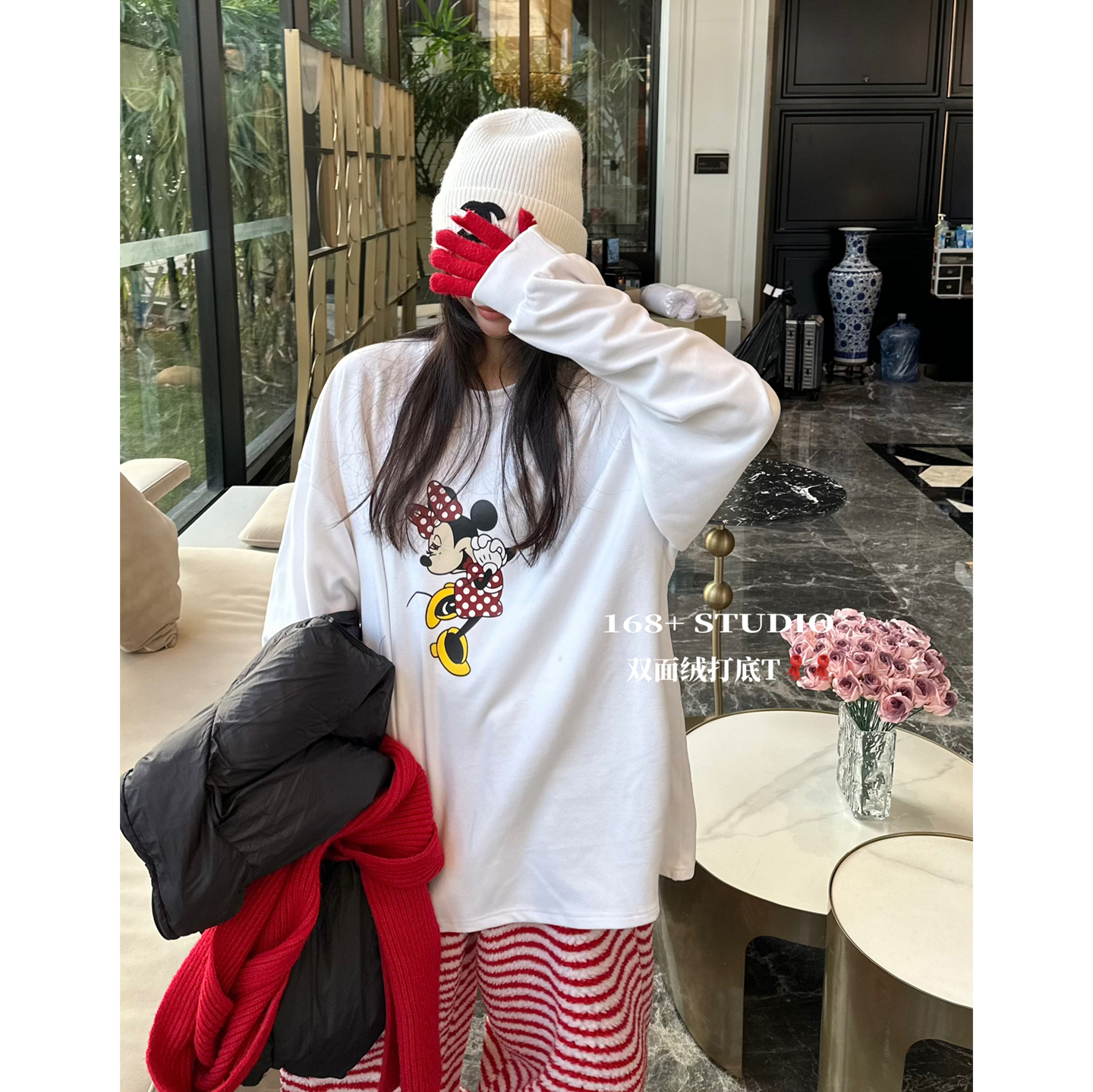 卡通米奇圆领白色打底衫女秋冬加厚宽松韩版大码洋气长袖t恤上衣