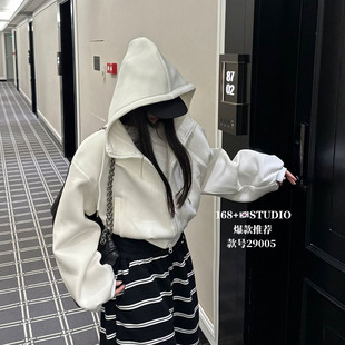 高腰连帽卫衣女收腰短款小个子显瘦开衫外套2026新款爆款设计感潮