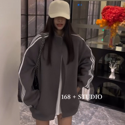 三条杠棒球服加绒卫衣外套女秋冬2025新款爆款宽松大码上衣设计感