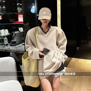 大领口v领套头卫衣女2025新款爆款春秋款宽松韩版中长款垫肩上衣
