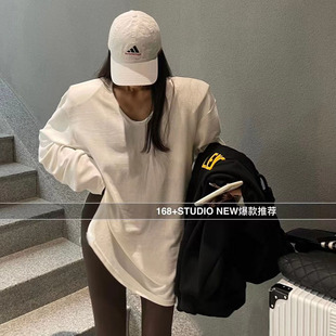 大领口u领垫肩打底衫女秋冬中长款磨毛加厚长袖ins洋气遮屁股t恤