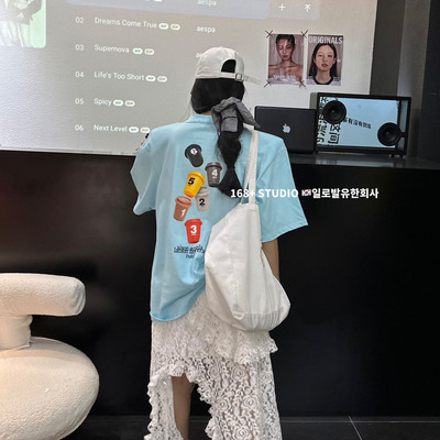 正肩圆领短袖t恤女宽松大版印花字母体恤中长款遮屁股上衣ins潮