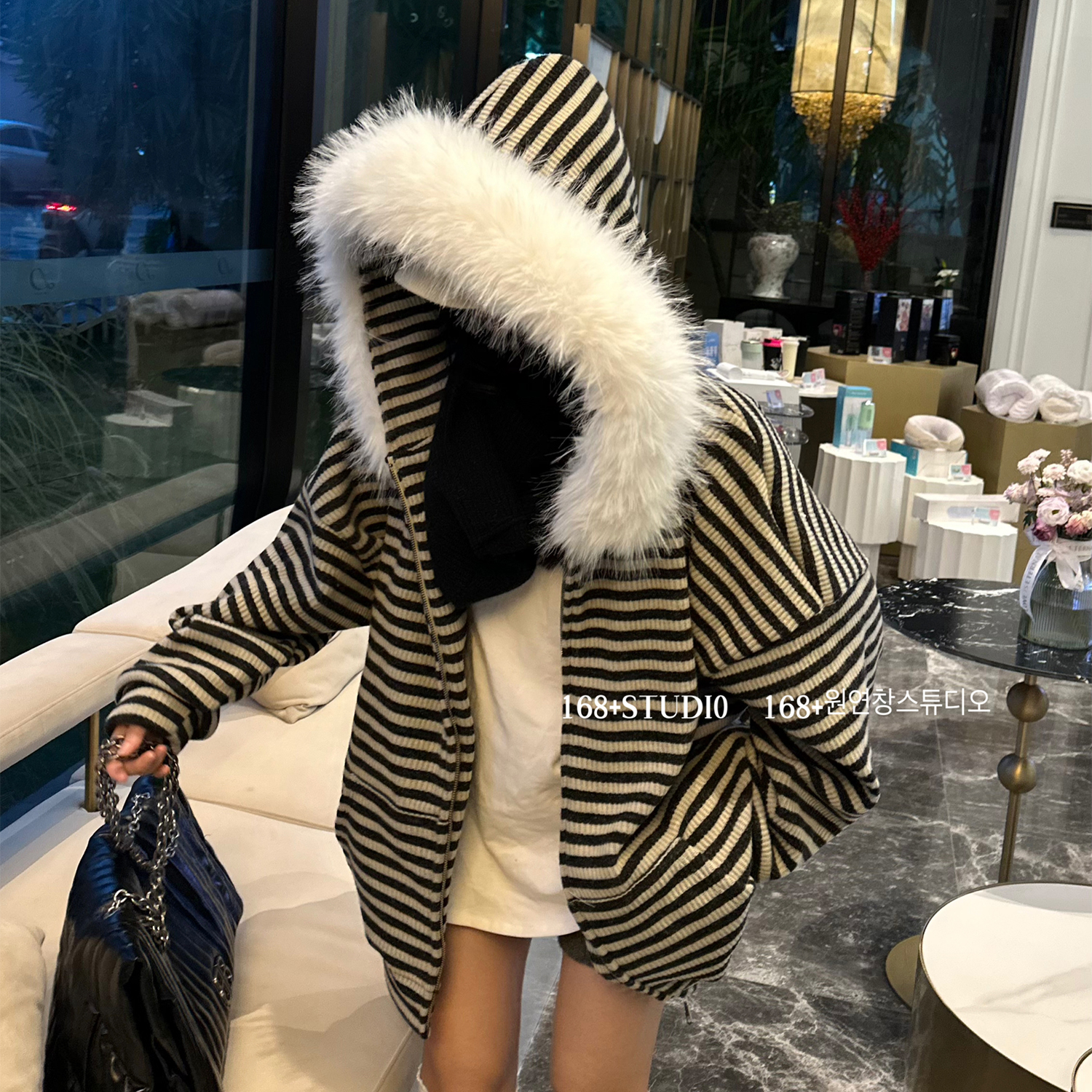 毛领连帽开衫卫衣外套女加绒加厚2025新款爆款宽松条纹撞色上衣潮