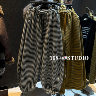 高腰条纹撞色弯刀阔腿裤女加绒加厚宽松韩版洋气时尚针织休闲裤潮