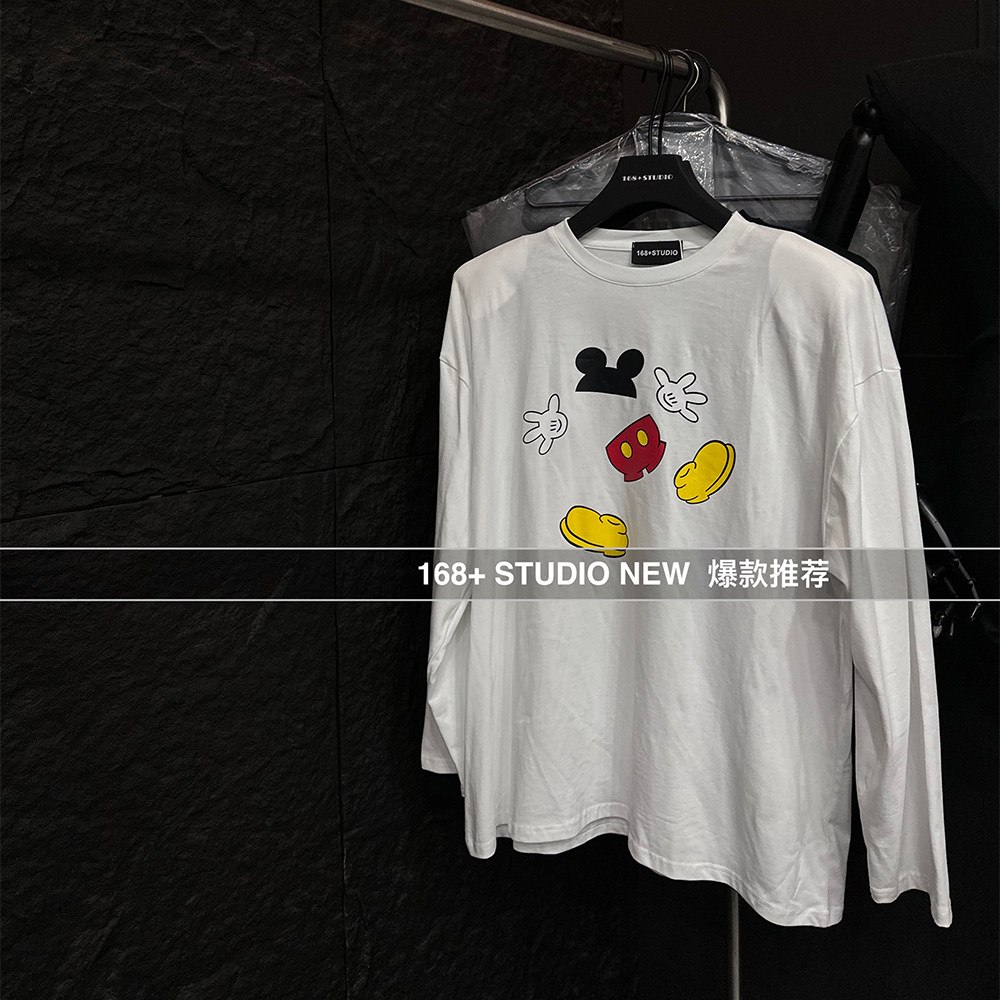 卡通米奇垫肩白色打底衫女秋冬内搭长袖2024新款宽松大码显瘦t恤