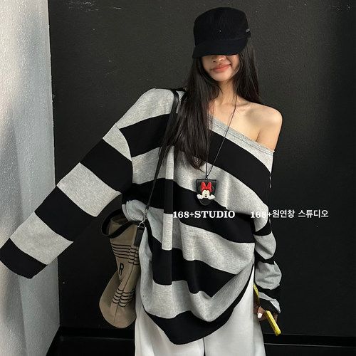 大领口一字肩套头卫衣女2026新款爆款春秋宽松韩版中长款洋气上衣