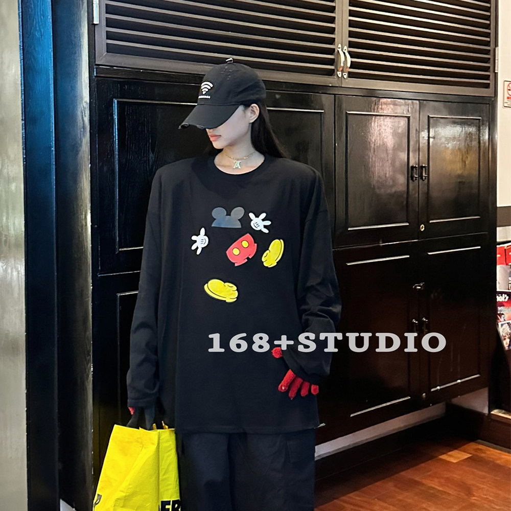 卡通米奇垫肩黑色打底衫女秋冬内搭长袖2024新款宽松大码百搭t恤