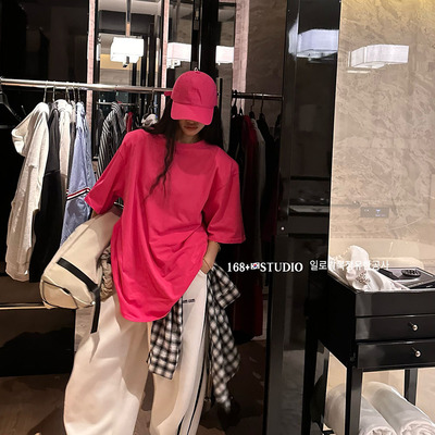 火龙果色垫肩短袖t恤女2025新款爆款宽松大码中长款洋气时尚上衣