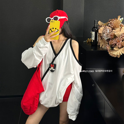 大领口v领露肩卫衣女2026新款爆款春秋宽松韩版薄款长袖t恤中长款