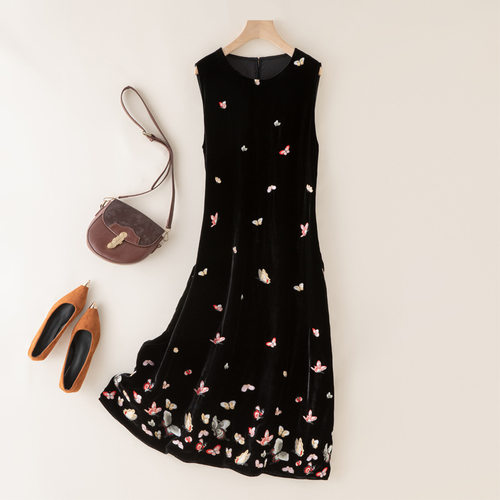 美炸！新中式刺绣真丝丝绒连衣裙