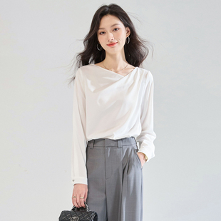 极简轻奢感！知性通勤温柔风荡领衬衣 秋季流光缎面长袖衬衫上衣