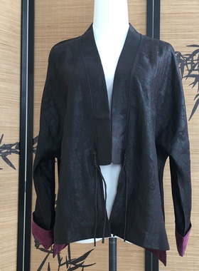香云纱/真丝孤品-2312-衣长66-68 双面穿黑透紫提花中式外套
