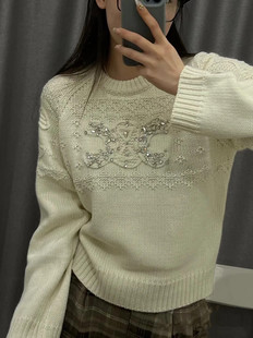 （钉钻大标）洋气钩花重工毛衣圆领女士韩版慵懒风上衣休闲百搭款