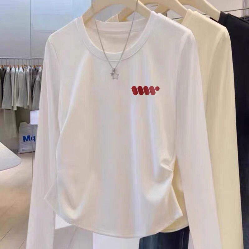 2025新款设计感正肩纯棉长袖t恤女收腰显瘦褶皱上衣打底衫秋冬季