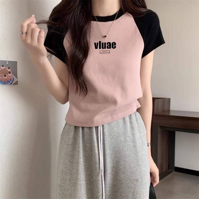 纯棉藕粉色短袖t恤女修身夏季2025新款小众显瘦减龄短款上衣体恤