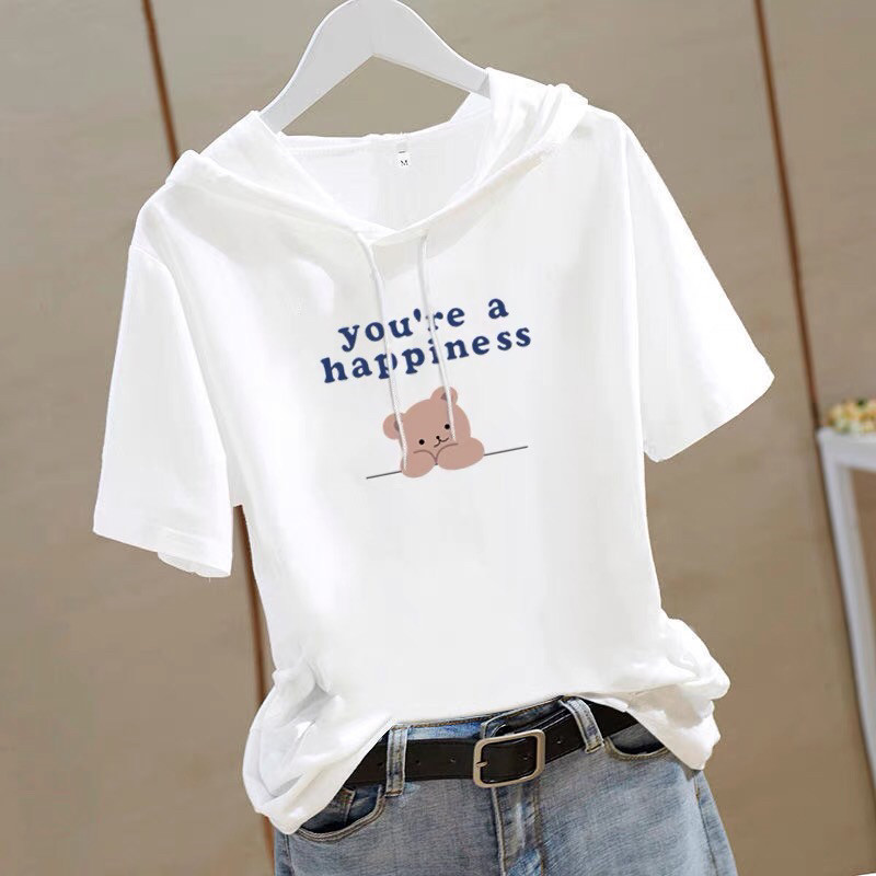 休闲字母印花短袖连帽卫衣女款2026夏季新款爆款宽松纯棉t恤上衣