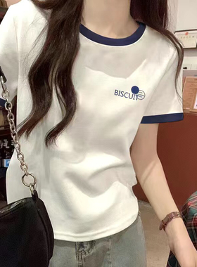 纯棉短袖T恤女2026夏季新款小众设计感撞色宽松正肩半袖体恤上衣