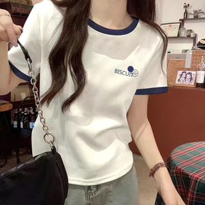 纯棉短袖T恤女2025夏季新款小众设计感撞色宽松正肩半袖体恤上衣