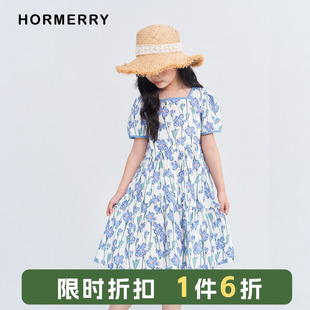 赫米童装2025夏季新款不规则拼接花朵短袖连衣裙女童纯棉中长裙子
