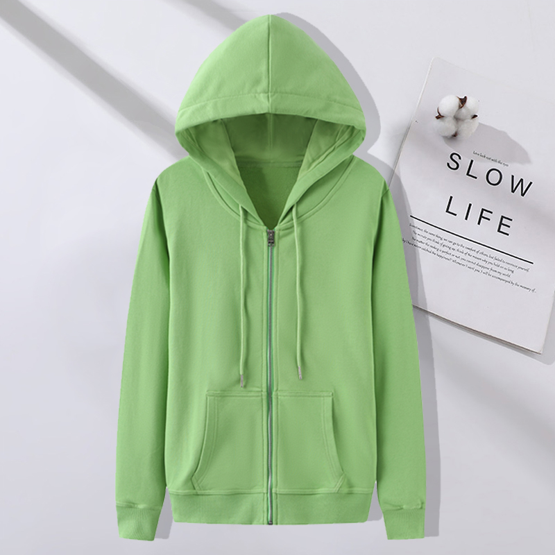 2024春秋薄款绿色连帽拉链开衫卫衣印花女款街头休闲运动长袖外套