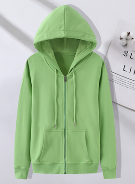 2024春秋薄款绿色连帽拉链开衫卫衣印花女款街头休闲运动长袖外套