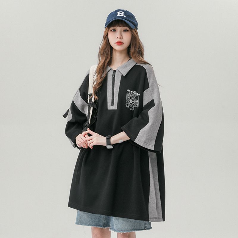 大码胖mm300斤美式复古撞色polo衫短袖t恤女设计感小众宽松上衣潮