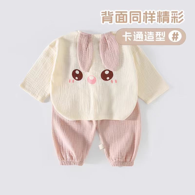 100%纯棉纱布A类婴儿开衫家居服夏薄款33109小月龄分体套装空调服