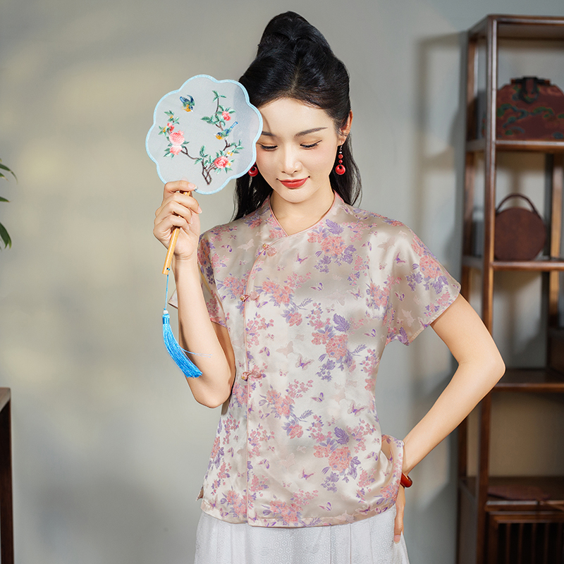 华族经典桑蚕丝圆领新中式改良上衣女夏季粉意